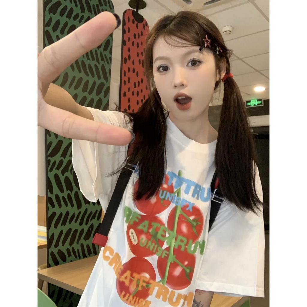 「 WELOVE1 」Áo Thun Cotton Tay Ngắn Cổ Tròn In Hình Quả Cà Chua Phong Cách Hàn Quốc Thời Trang Mùa Hè Hàng Mới Dành Cho Bạn Nữ