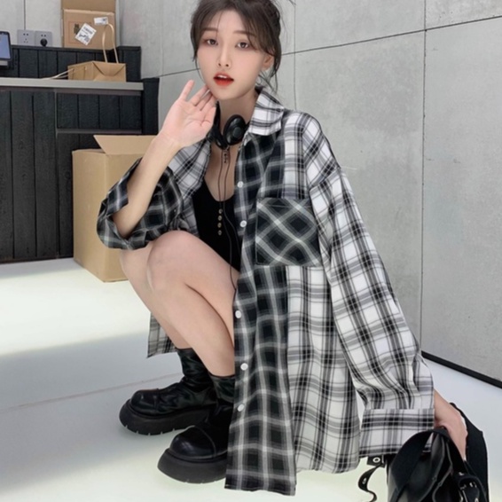 Áo Sơ Mi Tay Dài Dáng Rộng Kẻ Sọc Ca Rô Đen Trắng Kiểu Retro