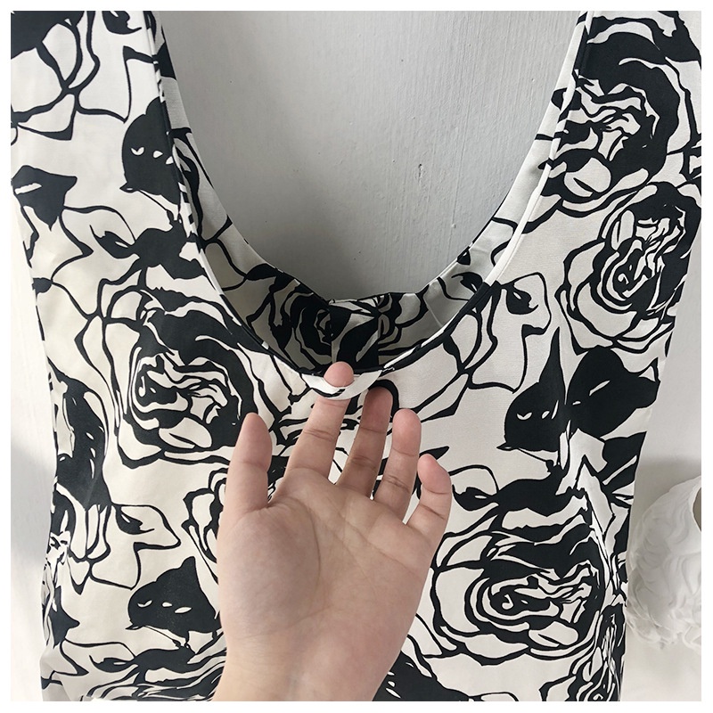 New Black Wind Black Rose Print Tying Closure Shopping Bag Large Capacity Personalistic Cloth Bag