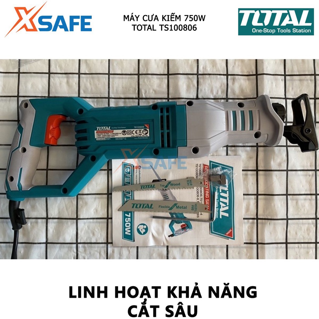 Máy cưa kiếm cầm tay TOTAL TS100806 máy cưa đa năng có chỉnh tốc điện thế 220v công suất 750w, tốc độ không tải 3300rpm