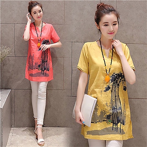 Áo Thun Cotton Lanh Tay Ngắn Cổ Chữ V In Họa Tiết Phong Cách Dân Tộc Thời Trang Mùa Hè 2022 Dành Cho Nữ