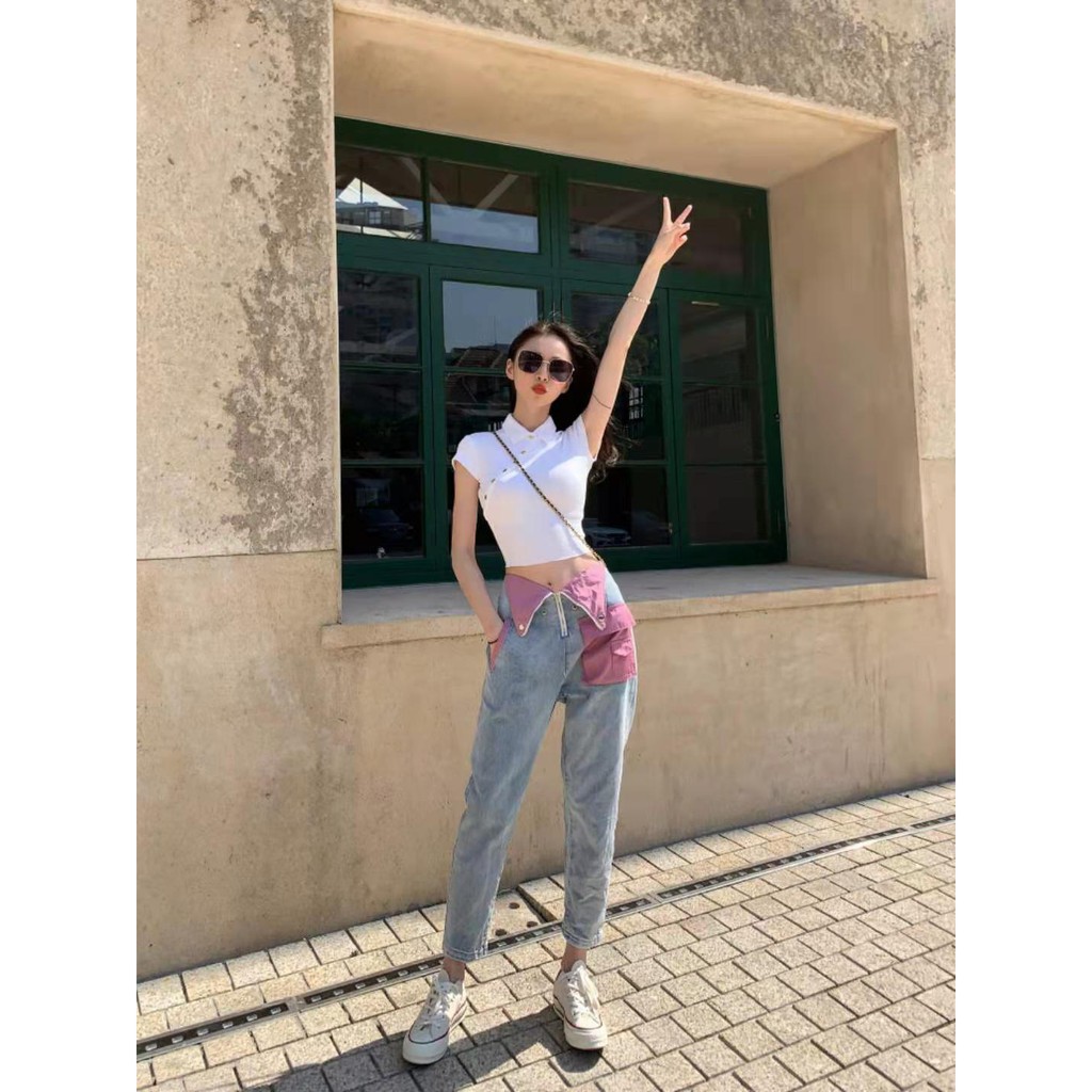 Áo thun gân croptop body dáng polo hàng khuy chéo Jennie trẻ trung năng động | BigBuy360 - bigbuy360.vn