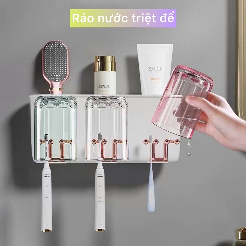 Kệ dán tường treo bàn chải, để sữa rửa mặt, kèm cốc súc miệng, bộ nhả kem tự động, kê để đồ phòng tắm