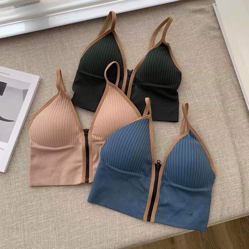 Áo bra có khoá kéo chất thun tăm co giãn tốt, áo hai dây có mút đệm ngực