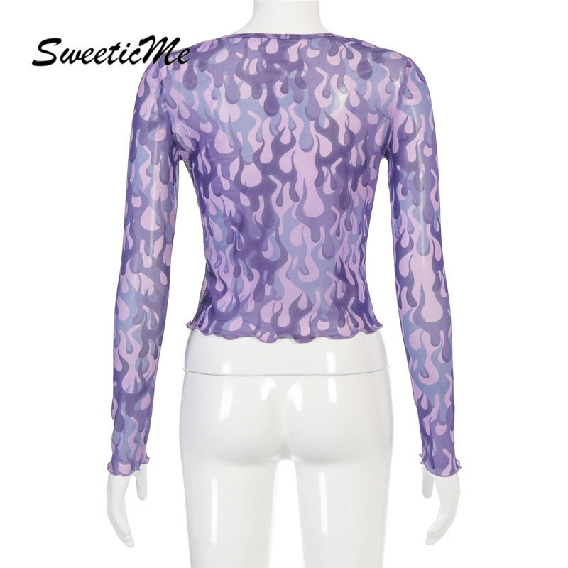 Áo Thun Cổ Thuyền Phối Lưới In Họa Tiết SweeticMe Thời Trang Cho Nữ