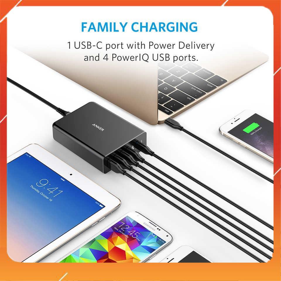 Cóc củ sạc nhanh 60W 4 cổng IQ USB & 1 cổng PD Type-C chính hãng Anker PowerPort +5 (Max 3A / Type-C và 2.4A / USB)