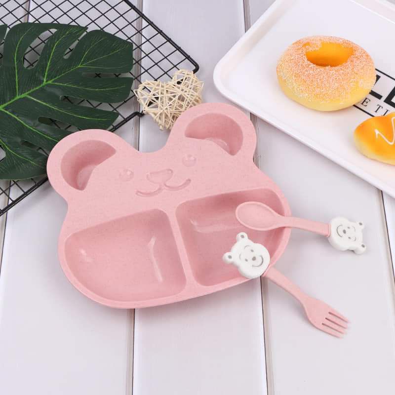 Khay ăn dặm 2 ngăn hình gấu cho bé (muỗng , nĩa),,,