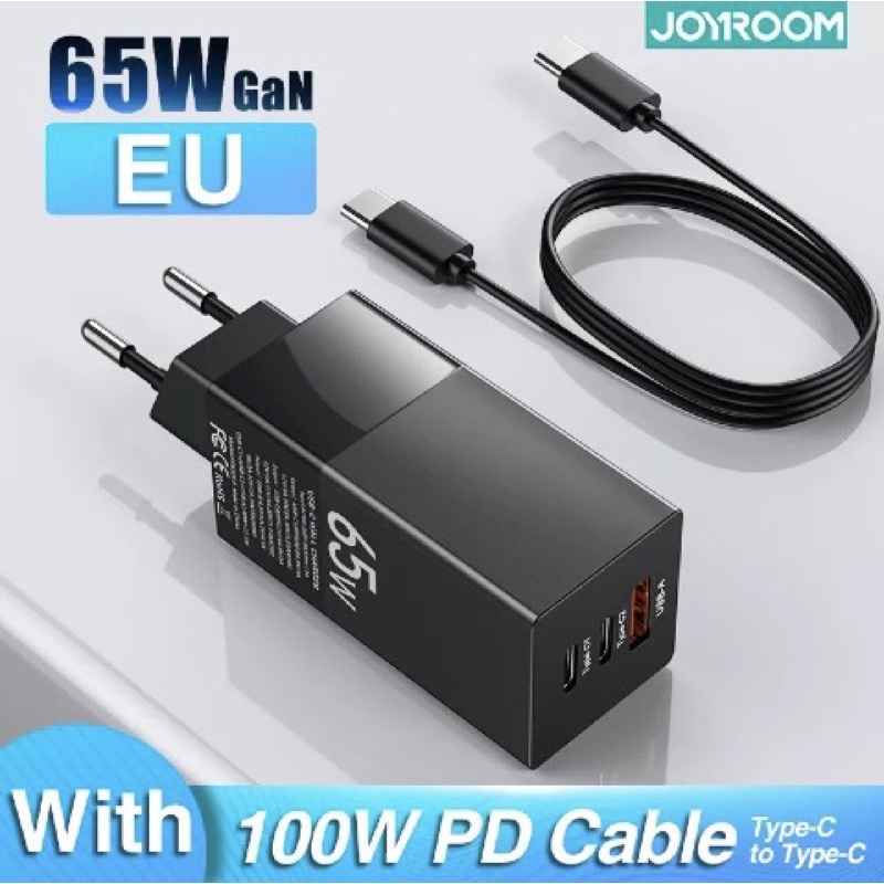 Bộ sạc 65W Joyroom GaN Quick Charge Type C PD USB 3.0 Charger with QC 4.0 3.0 Portable + Tặng Cáp Type-C 2 cổng 100W