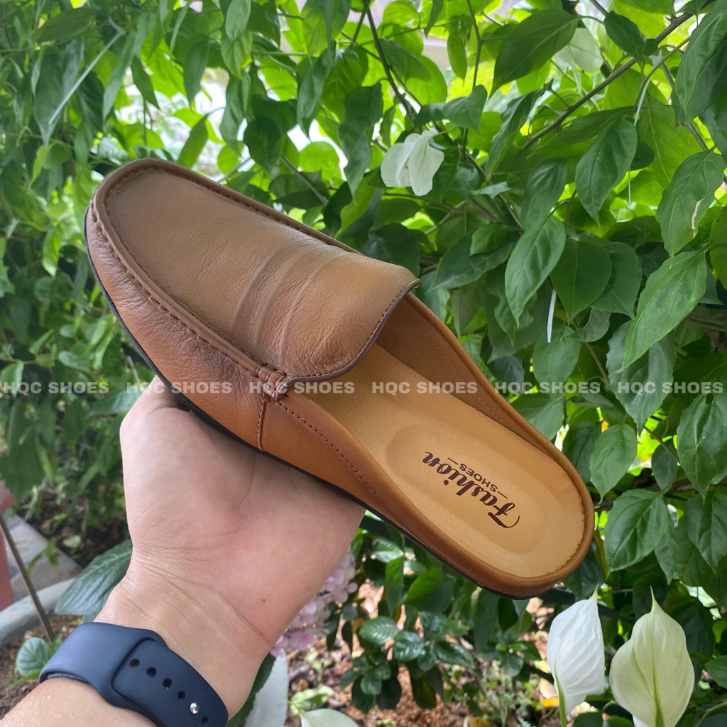 Giày sục nam hở gót HQC SHOES da bò đế cao su khâu chỉ bảo hành 1 năm HQ01