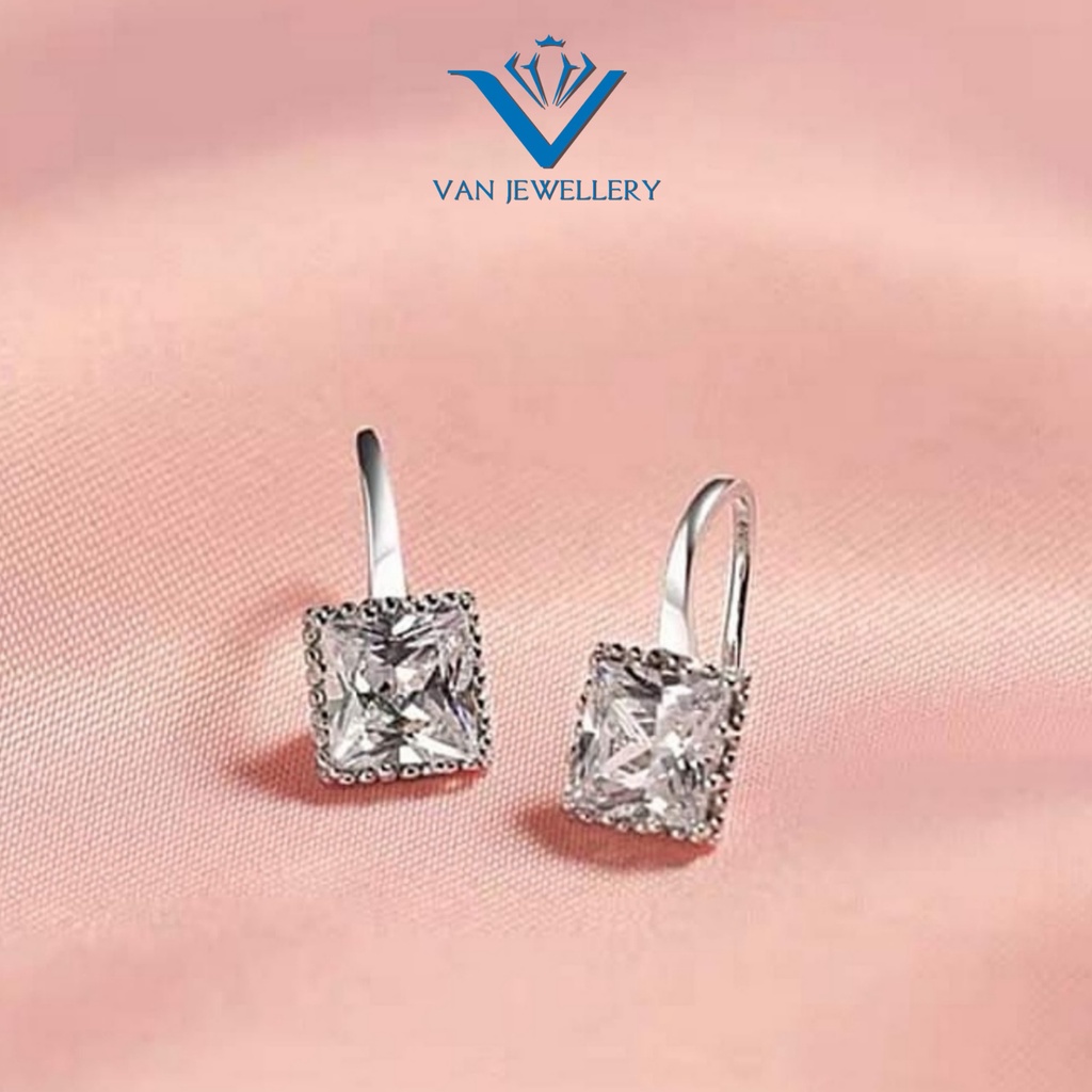 Bông tai bạc bông nạm đá vuông sang chảnh