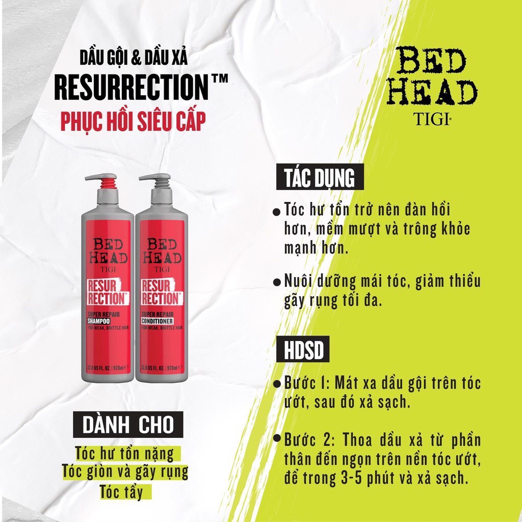 [Chính Hãng 100%] Dầu Gội Xả Phục Hồi Hư Tổn Tigi Bed Head Resurrection Super Repair Shampoo &amp; Conditioner 970ml