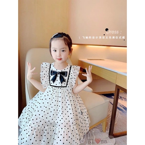 Váy đầm cánh tiên voan hai lớp chấm bi cài nơ lên form cực xinh cho bé 1- 5T  VTE20