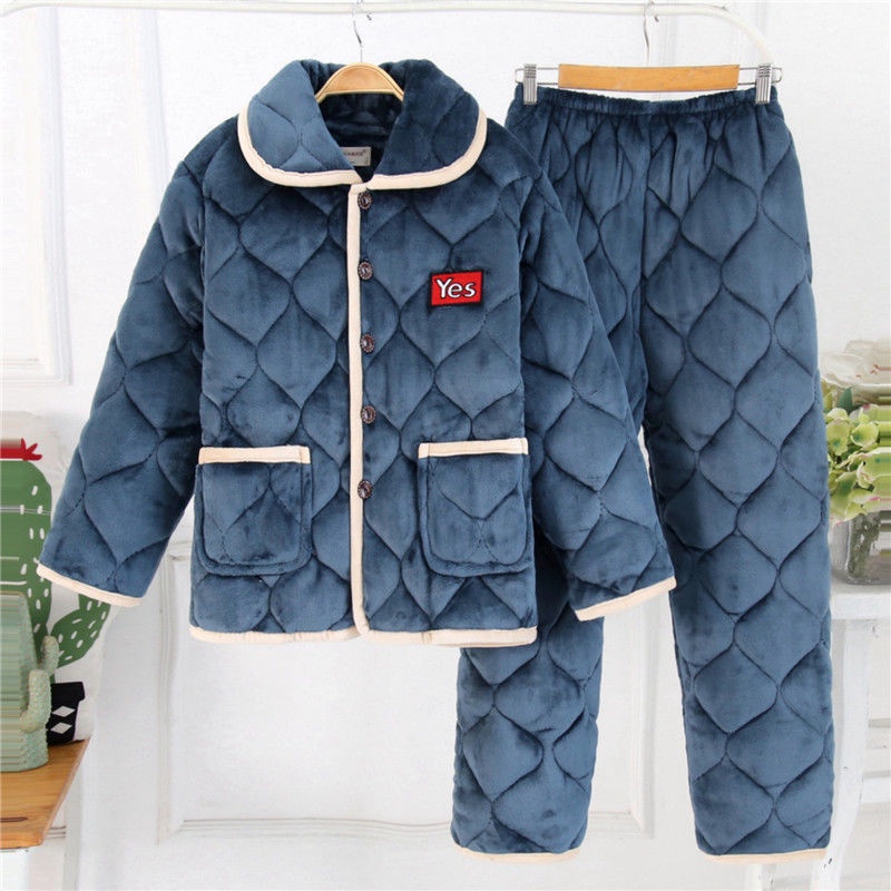Bộ đồ ngủ nam thu đông ba lớp vải nỉ siêu dày chần bông dày dặn Bộ đồ phục vụ tại nhà cho người trung niên và người già