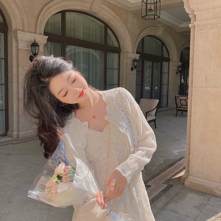 Áo Khoác Cardigan Dệt Kim Mỏng Màu Trắng Đính Hạt Thời Trang Mùa Hè Cho Nữ