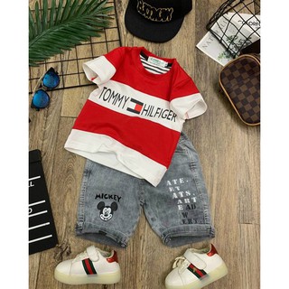 Set quần jean áo thun sọc ngang in chữ bé 8-25kg