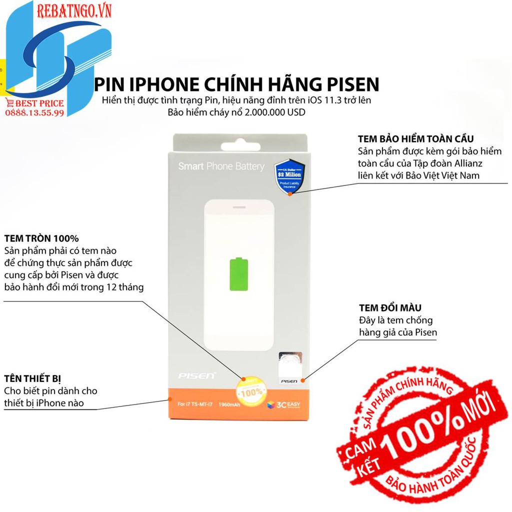 Pin Pisen chính hãng cho full đời Iphone 5 5s 6 6s 7 8 & 6-6s-7-8Plus Bảo hành toàn quốc