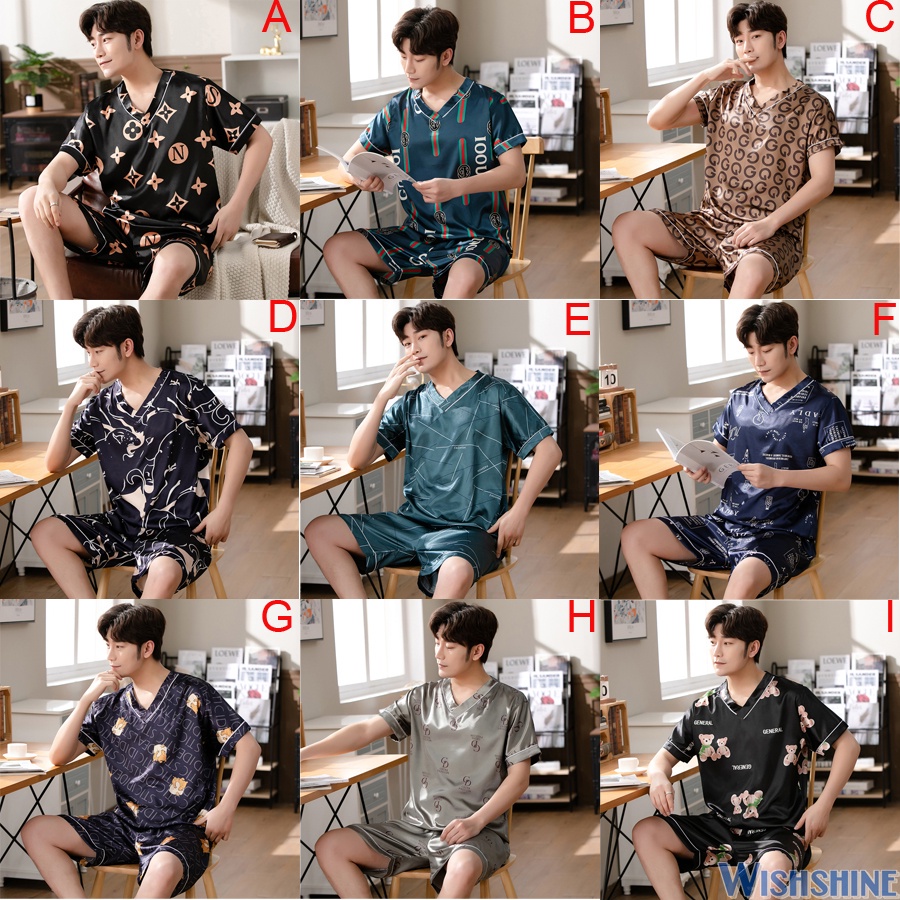 Bộ đồ ngủ tay ngắn bằng lụa satin phong cách Hàn Quốc cỡ L-3XL cho nam