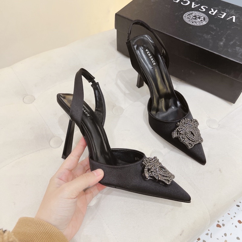 giày sandal nữ cao gót nhọn 10cm versace mũi đá fullbox Bill túi giấy