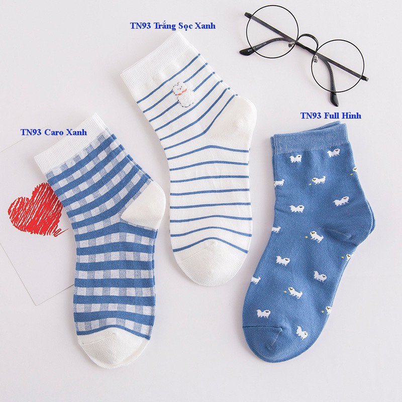 Set 3 đôi vớ nữ cổ cao hàn quốc xanh trẻ trung cao cấp Muzini TN93