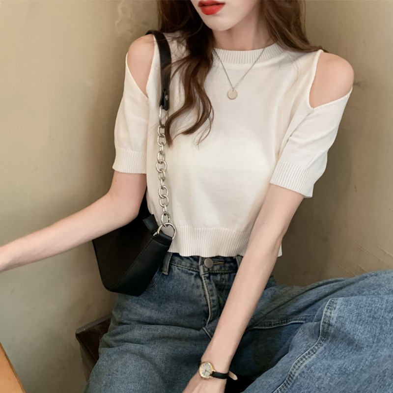 Áo Croptop Dệt Kim Tay Ngắn Cổ Tròn Hở Vai Cá Tính Cho Nữ