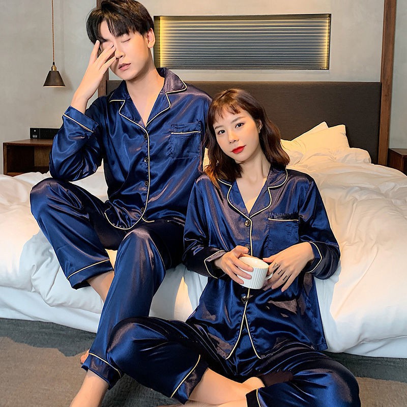 Đồ ngủ & Đồ mặc nhà┅♧Cặp đôi pyjama nữ mùa xuân và thu băng lụa cỡ lớn phục vụ nam giới ở nhà dài tay hè mỏng t