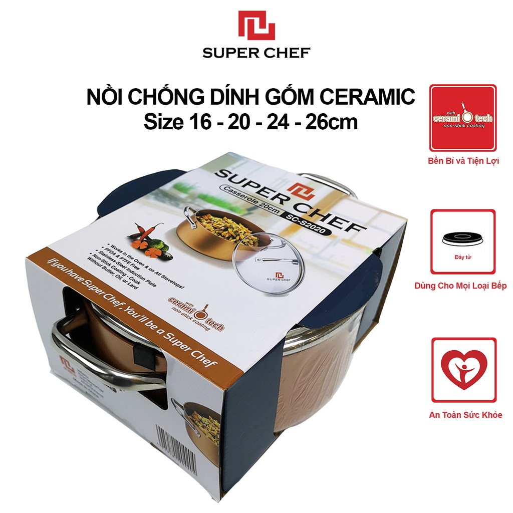 Nồi Canh Chống Dính Super Chef Cho Bếp Từ, Mọi Loại Bếp Kèm Nắp Kính Tiện Lợi