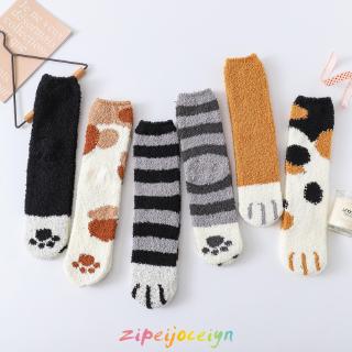 Vớ ngủ lông cừu san hô dày dặn giữ ấm mùa thu đông hình dấu chân mèo dễ thương cho nữ 