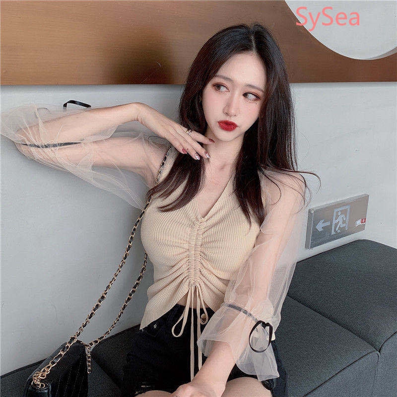 Áo Dệt Kim Cổ Chữ V Phối Lưới Thời Trang Mùa Hè Cho Nữ