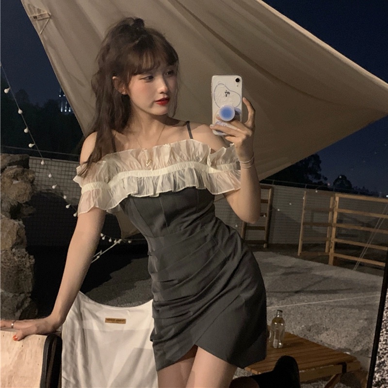 Đầm Trễ Vai Phối Bèo Thiết Kế Lệch Tà Phong Cách Hàn Quốc Thời Trang Mùa Hè Quyến Rũ Cho Nữ