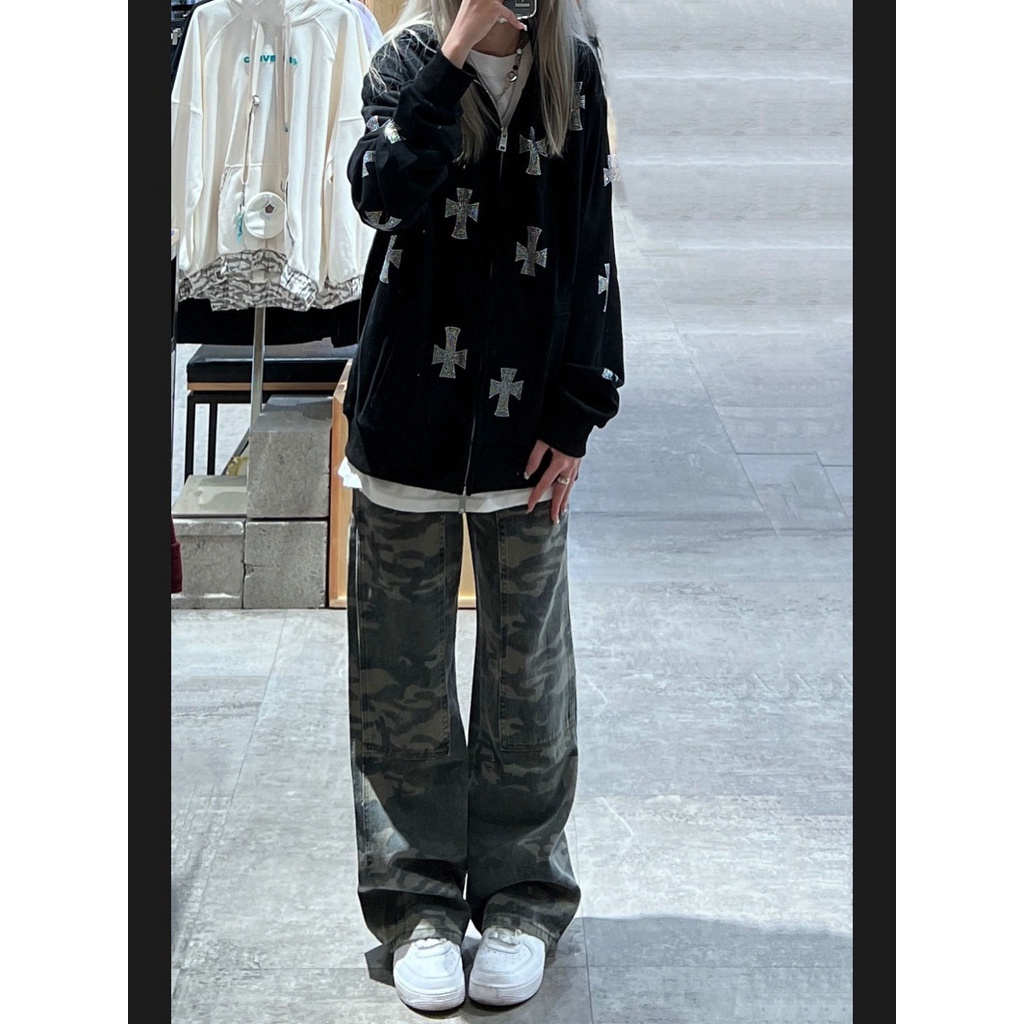 Quần Jean Nữ Lưng Cao Ống Rộng Họa Tiết Rằn Ri Thời Trang