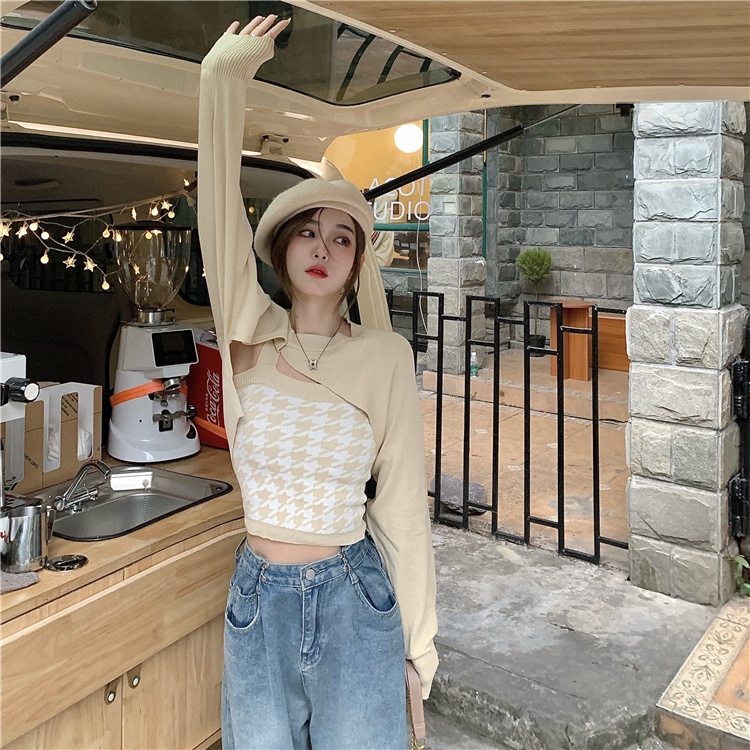 Áo dệt kim nữ hai dây họa tiết caro đơn giản thời trang | BigBuy360 - bigbuy360.vn