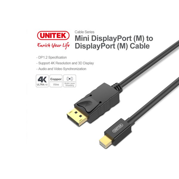 Cáp Mini Displayport -&gt; Displayport 2m Unitek Y-C 611, Cáp Mini Displayport ra Displayport 2m Unitek YC 611