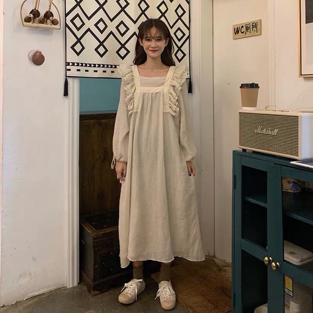 Váy babydoll đũi dáng dài phối bèo tay phồng thắt nơ ulzzang tiểu thư siêu xinh