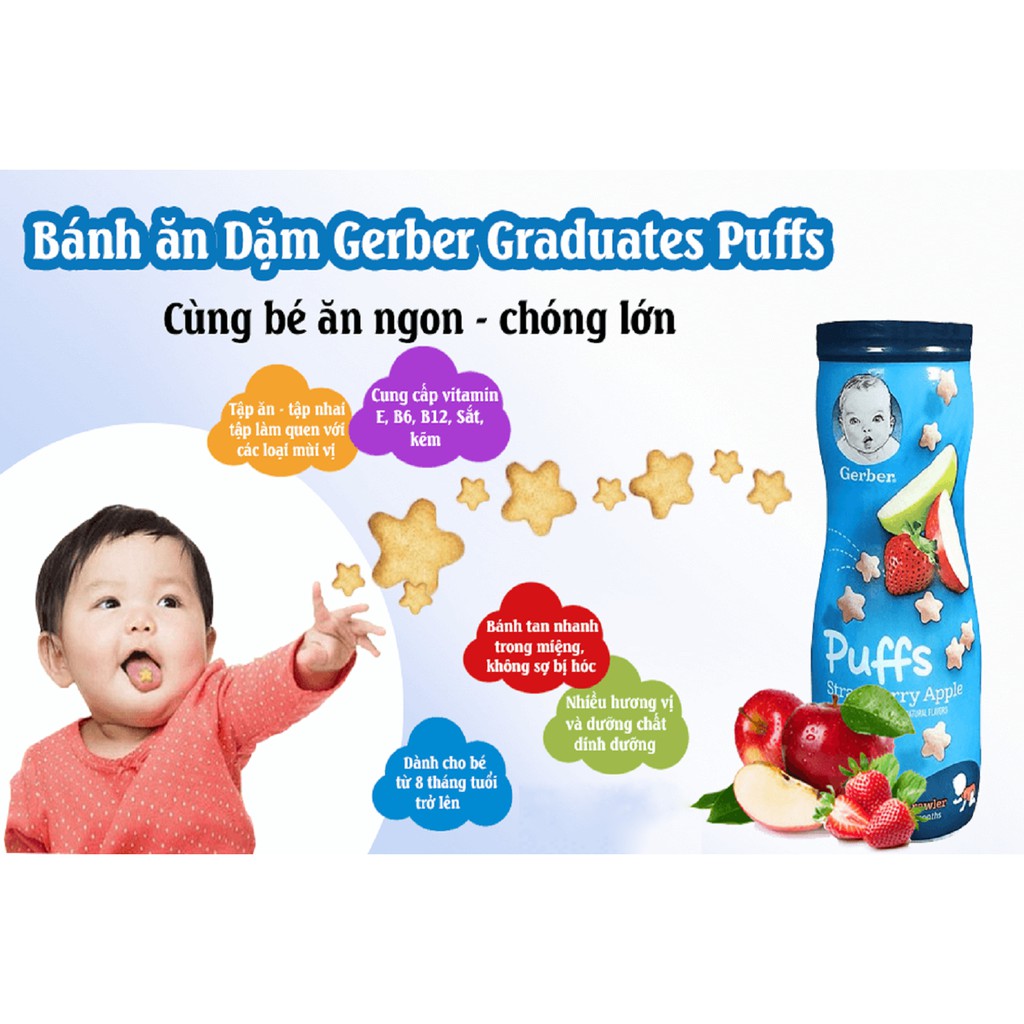 (MẪU MỚI) Bánh Ăn Dặm Cho Trẻ GERBER PUFFS - 42g (date tháng 10/11/12 - 2021) - Chuối/ Dâu Táo/ Việt Quất