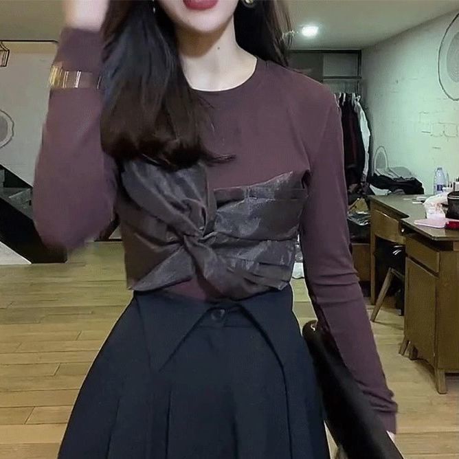 Áo thun tay dài phối lưới đính nơ thời trang dành cho nữ