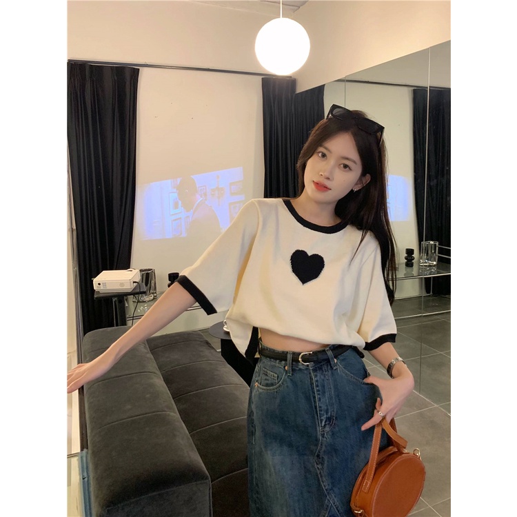 Áo Thun Dệt Kim Ngắn Tay Họa Tiết Trái Tim Thời Trang Cho Nữ