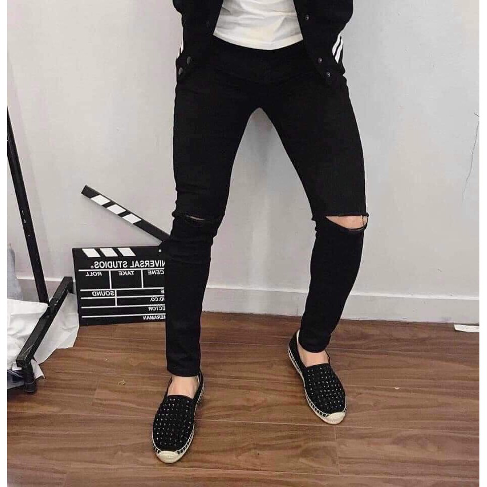 [bigsize &lt; 130kg] quần jean nam rách 2 gối bigsize màu đen - mã 02/03/313