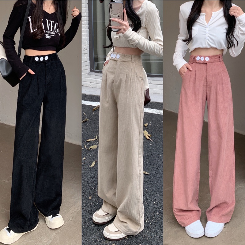 QADCOL Quần Nhung Dài Ống Rộng Lưng Cao Màu Sắc Đơn Giản Thời Trang Hàn Quốc