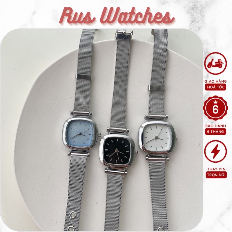 Đồng Hồ Nữ Retro Ulzzang Dây Lưới Bạc Mặt Vuông Phong Cách Vintage