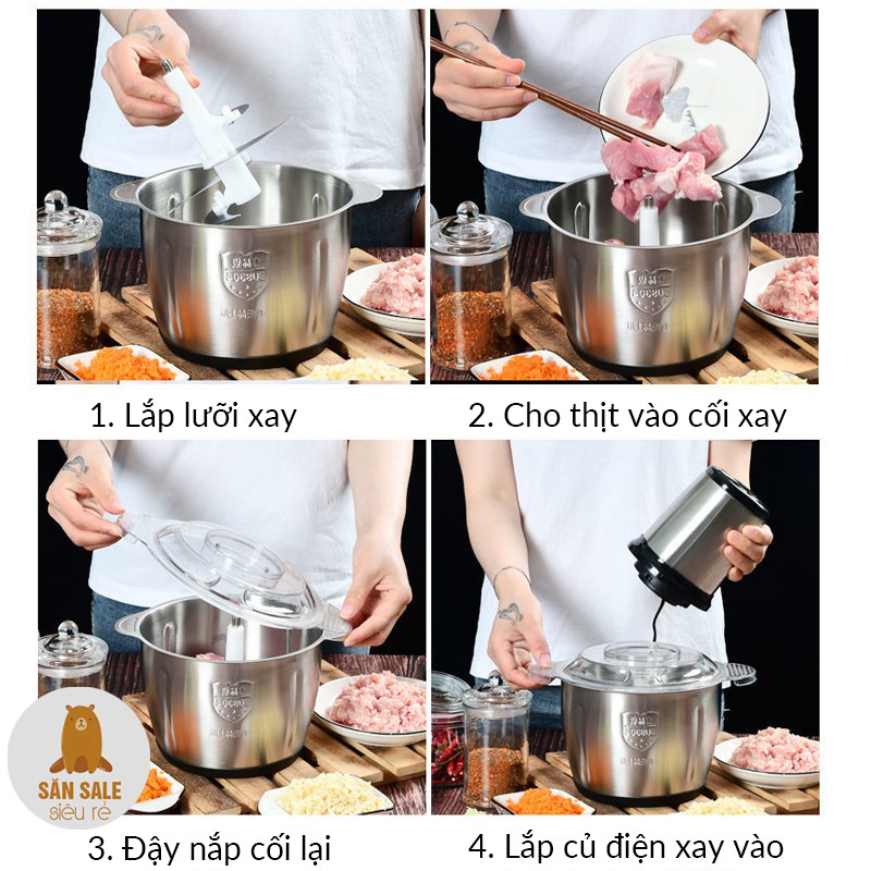 [HÀNG LOẠI 1] Máy xay thịt, xay rau - củ - quả đa năng cối inox 304 4 Lưỡi Đa Năng, Công suất 250W [MÁY XAY ĐIỆN]