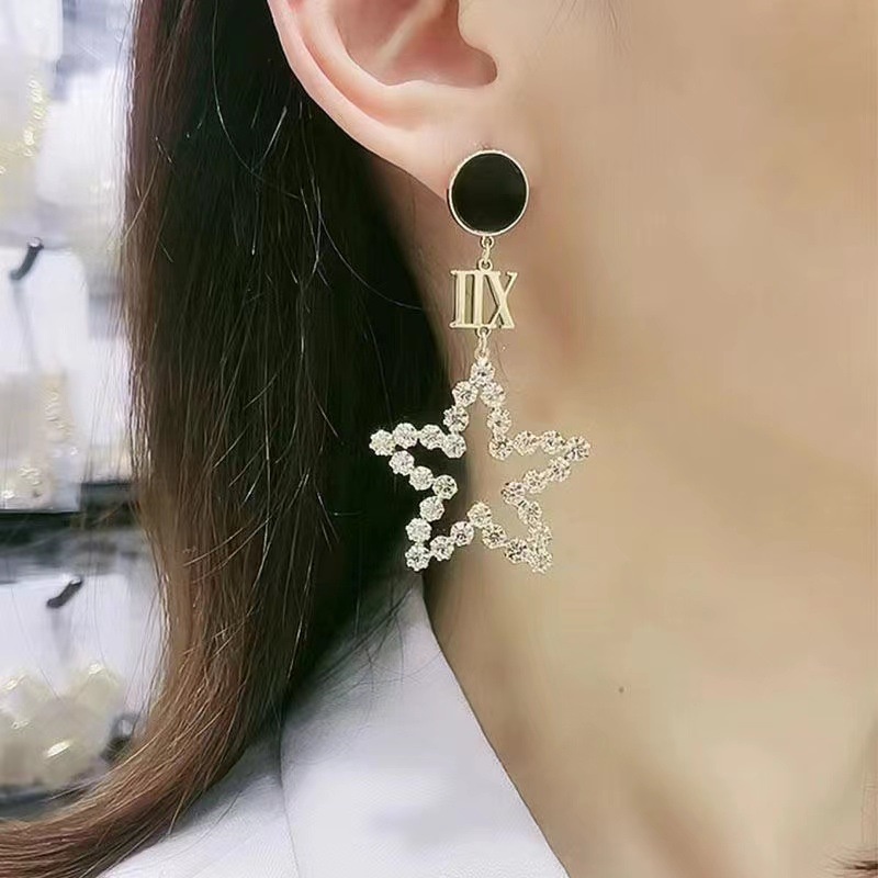 ❤zheting❤ Tai Ngôi Sao Năm Cánh Bất Đối Xứng Màu Đen Phong Cách Hàn Quốc Khí Chất niche