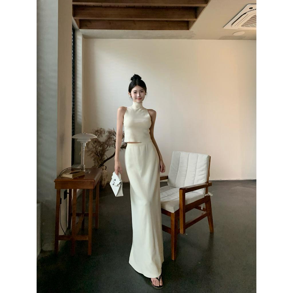 Bộ Áo tank top Dệt Kim Cổ Điển Với Chân Váy Lưng Cao Ôm Dài Nửa Dáng (Đặt Hàng Riêng Lẻ)