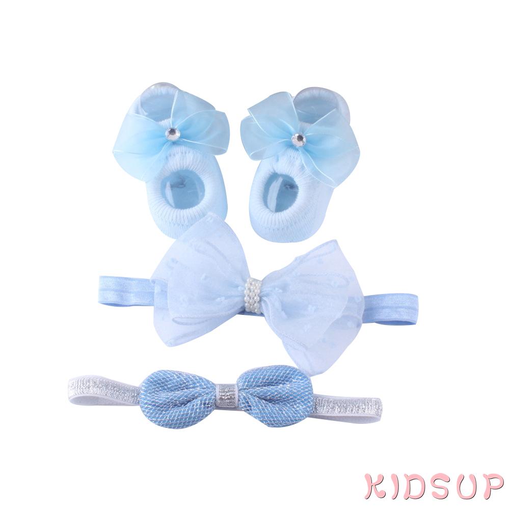 Set 3 Đôi Vớ + Băng Đô Nơ Cho Bé Gái Từ 0-12 Tháng Tuổi
