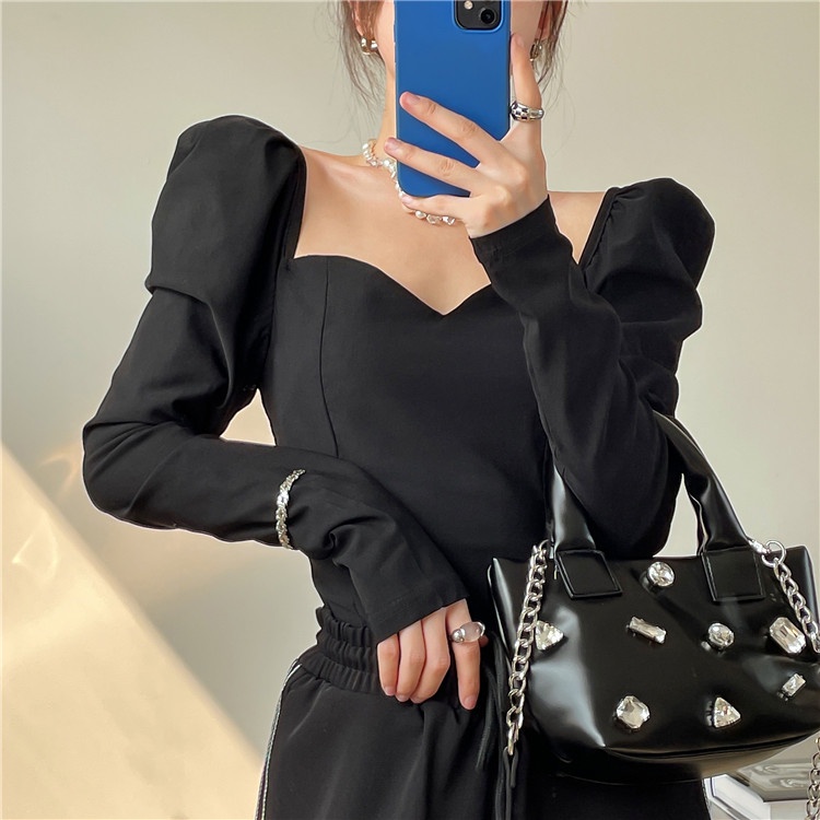 Áo Thun Tay Dài Phồng Dáng Ôm Thời Trang Hàn Quốc Dành Cho Nữ