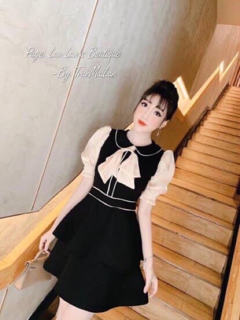 [ Mã FAMAYWA2 giảm 10K đơn 50K] Đầm tầng viền tay ngắn bo cổ bẻ cột nơ | BigBuy360 - bigbuy360.vn