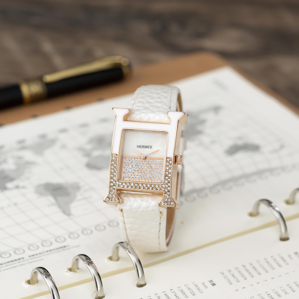 Đồng hồ nữ Hermes dây da mặt vuông đính đá cao cấp full box tặng hộp pishop - DHN02 shop447 | BigBuy360 - bigbuy360.vn
