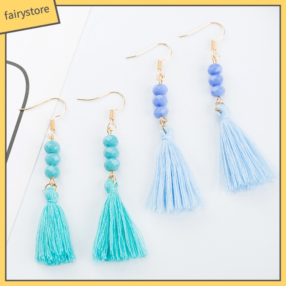 Bông tai tua rua đính hạt nhựa phong cách boho