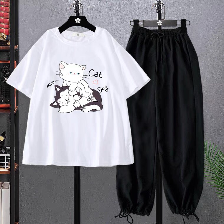 Sét Áo Cat, Dog + quần bom đen, Áo thun from rộng, Chất đẹp không xù, quần suông ống rộng, Sét bộ mặc ở nhà - MODY