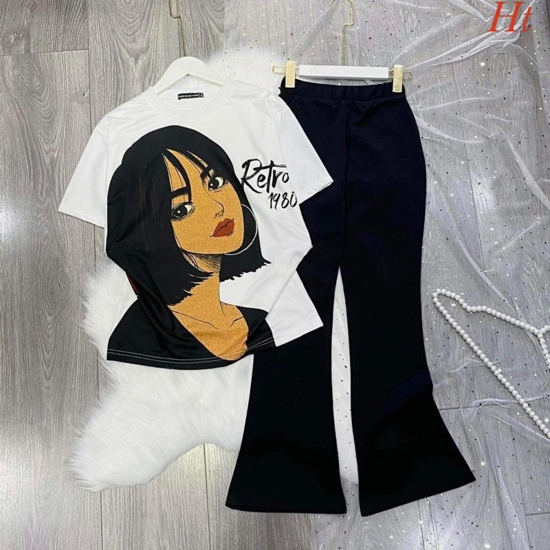 Sét áo cô gái quần loe đen HT12