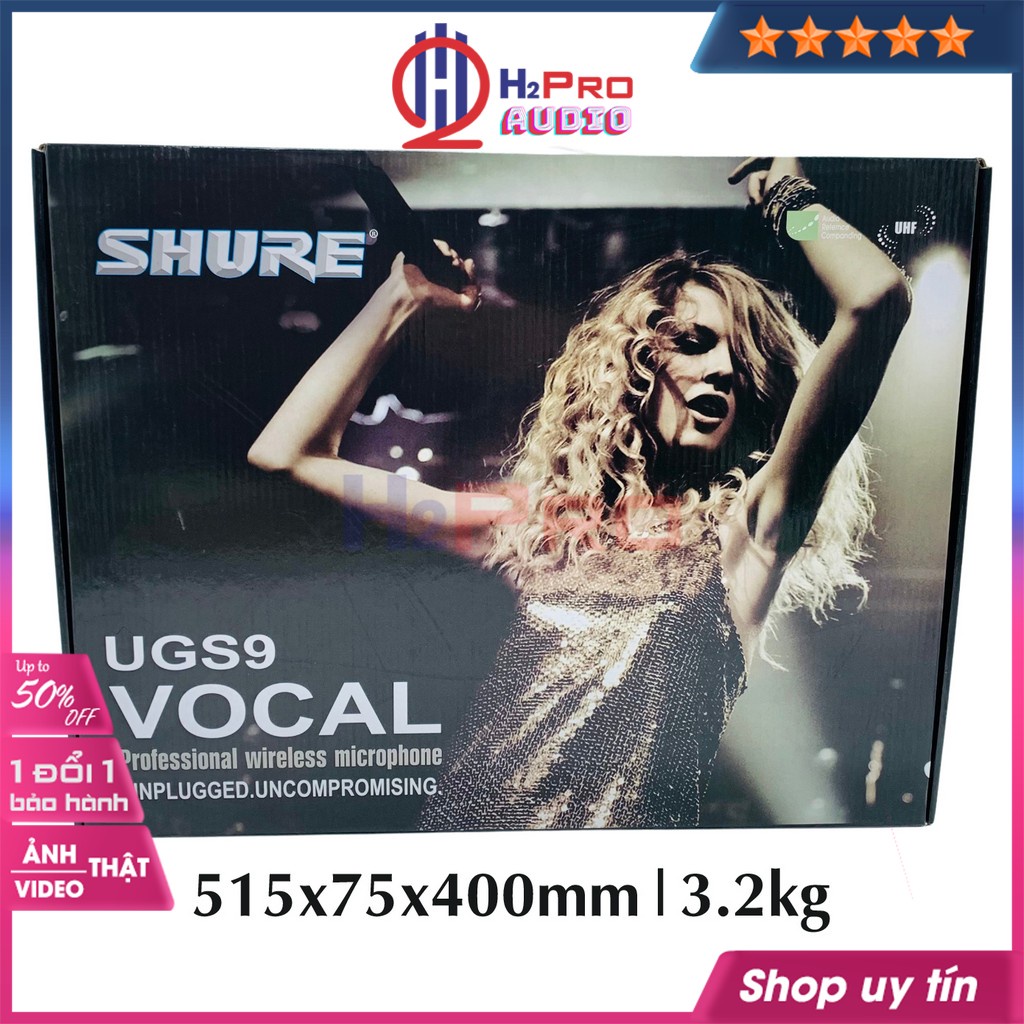 Đôi micro không dây Shure UGS9, micro karaoke không dây cao cấp 4 râu anten,quà 50k 2 chống lăn mic và 4 pin-H2pro tech